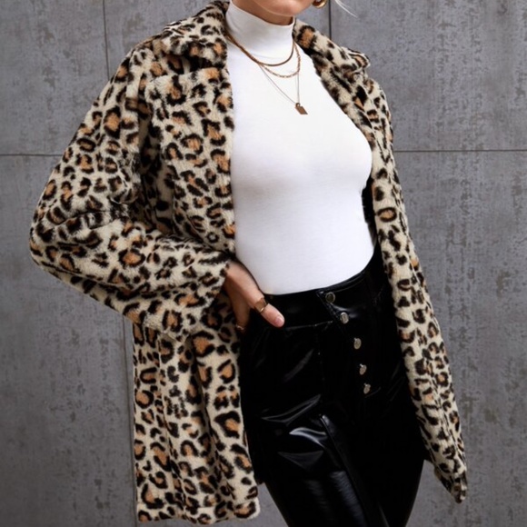 Cream Leopard Print Teddy Open Front Jacket Coat - Picture 5 of 5